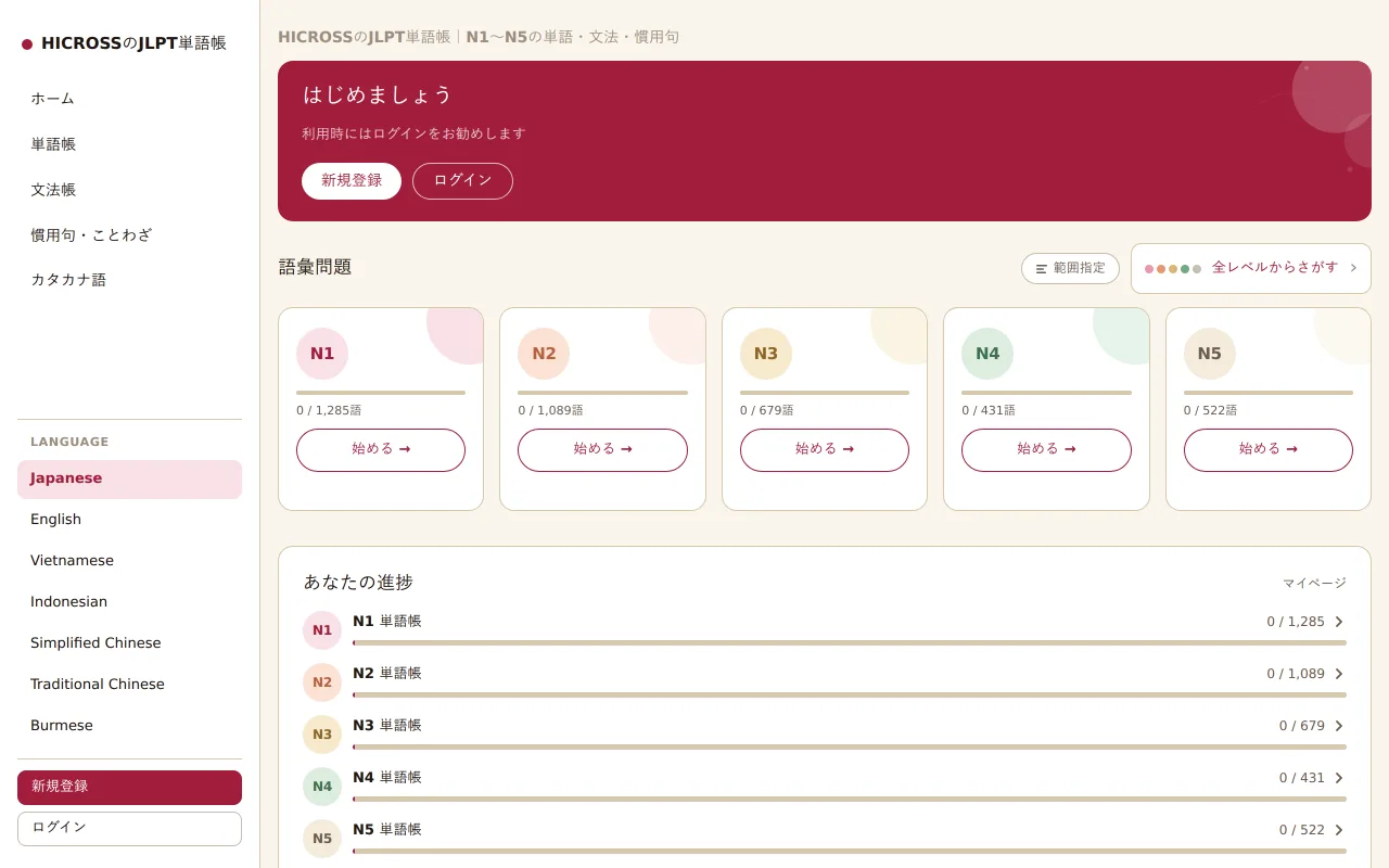 日本語学習メディア「HICROSSのJLPT単語帳」のトップページ